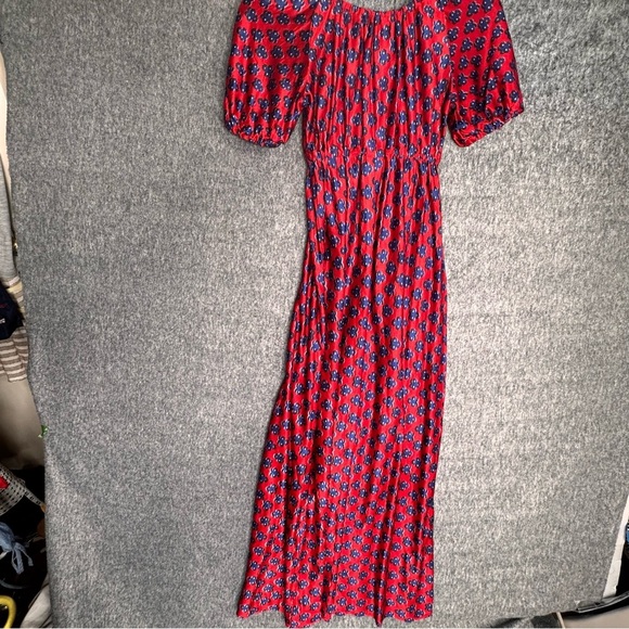 Off The Shoulder Floral Maxi Red Floral Prairie Dress Vintage boho - Picture 9 of 12